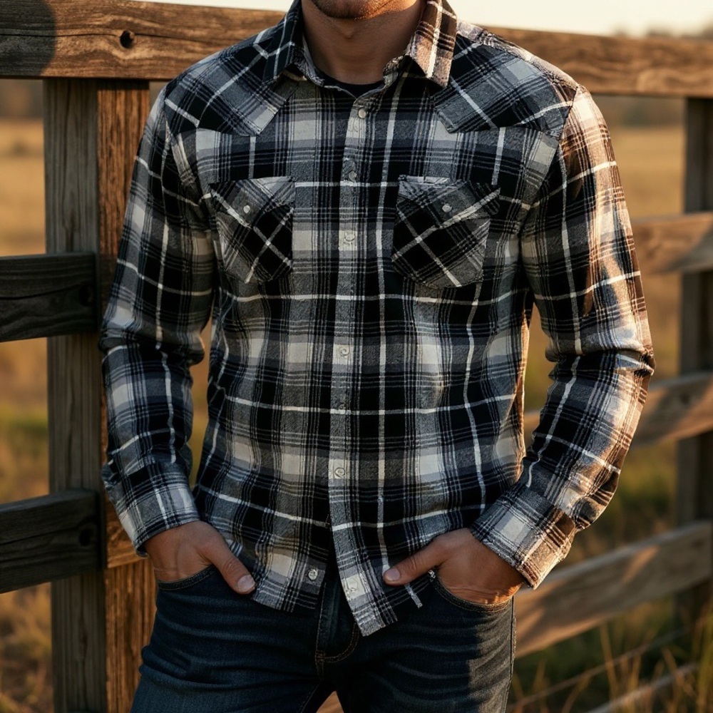 Ely‎ Cattleman Tall Man LT Black Gray White Plaid Western Snap Shirt